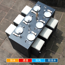 Outdoor courtyard table and chair seven-piece set of rattan chair outdoor balcony chair coffee table combination imitation rattan table and chair special rattan square table