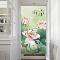 Painting lotus door curtain Feng shui curtain Ancient style lotus fabric household original kitchen partition curtain Chinese cotton and linen half curtain