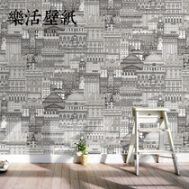 Modern minimalist black and white sketch hand-painted European architectural wallpaper Nordic style childrens room bedroom clothing store wallpaper