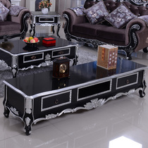 Eurostyle TV cabinet Tea Table Combo Suit Neoclassical Fields Garden Solid Wood Carved Flower Guest Hall Furniture Minimalist Cabinet Black