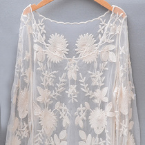 Lace long sleeve hollowed out net shirt bikini blouse Beach women sunscreen shirt pullover round neck loose top female White Black