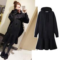Large size womens clothing thick non-inverted velvet solid color jacket hooded sweater skirt fat mm200 kg loose medium length sweater