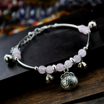  Zhao Peach Flower Lucky Pink Jade Marrow Seedlings Silver Fortune Bag Ankle Chain Womens Bells Vintage Yunnan Footwear Korean Style Students