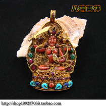Nepal pure handmade 925 silver-silver-gold inlaid jewel red green gem pine stone Manjusta Bodhisattva gäu boxed pendant