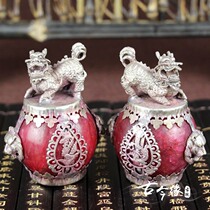 New antiques Miscellaneous handmade copper bag Jade Dragon Phoenix unicorn beast a pair of lion ball crafts ornaments Red