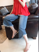 BORAKOO Korea East Gate Xia Chao recommended ~ blue irregular burrs thin straight jeans