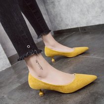 2021 New Korean version of small heel single shoes mid-heel cat with high heels Joker pointed womens shoes professional ol work shoes