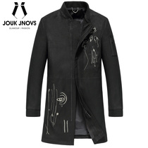 New light luxury fashion baseball collar slim long mens leather jacket embroidered leather coat style dress cool