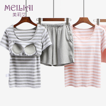 Pure cotton striped Japanese pajamas shorts two-piece set with bra pad short sleeve home wear Women spring and summer thin