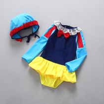 Korean hot spring warm quick-drying long-sleeved sunscreen childrens swimsuit small and medium-sized girl contrast color one-piece swimsuit women with hat