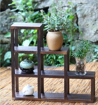 Burnt paulownia wood Japanese furniture six-grid flower stand pot plant tea stand display cabinet solid wood Bo ancient shelf pot shelf