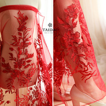 Taiwan new big flower embroidery lace dress fabric L396 red wedding dress High-setting dress clothing fabric
