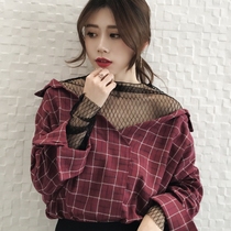 Korean version of the new loose college style fake two-piece mesh stitching plaid V-neck wild long-sleeved shirt top womens tide