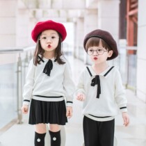 Male and female childrens autumn and winter black-and-white knit shirts pure cotton navy wind long sleeve sweater jacket Campus Wind Suit Skirt Pants
