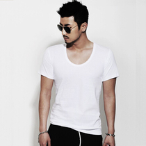 Summer new cotton slim Korean men men big round neck short sleeve T-shirt base shirt low collar half sleeve solid color custom