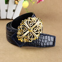 Korean version of mens head buckle leather mens belt round head crocodile grain cowhide belt personality barber love