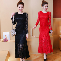  2021 spring and autumn new womens short-sleeved bottoming Korean version of the socialite waist hollow lace long thin dress