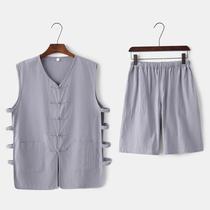 Middle-aged summer recreational suit Tang armor linen old man undershirt shorts vested shoulder sleeve vest