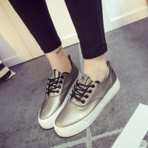 Women Shoes 2022 New Spring Thick Bottom Super Slim Leather Students Board Shoes Art Casual Shoes Han Edition Metal Color 100 Hitch Shoes