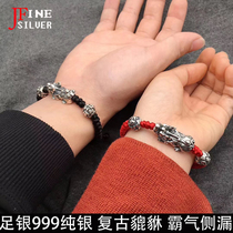 Foot Silver 999 Sterling Silver Mens Bracelet Womens Vintage Hand String Red Rope Transfer Buddha Bead Couple Jewelry