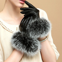 Imported lambskin high-end sheep leather fox fur finger gloves touch screen touch thin fashion leather gloves