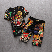 European and American Wind New Men Hot Drilling Printed Tiger Head Stamps Short Sleeve T-shirt Shorts Fashion Casual Suit Mens Fashion