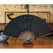 Hangzhou Wang XingjiLAN IS THE KING of incense30CM FULL BROWN real gold HAND-PAINTED CALLIGRAPHY BLACK PAPER FAN FOLDING fan FAN