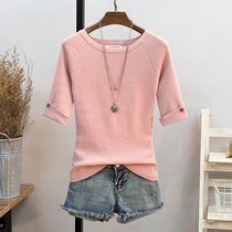 2020 Spring T-shirt ice silk knit women slim thin thin mid-sleeve base shirt Half sleeve pink top
