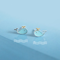 Silversmith blue drop glaze spray water whale girl sense S925 sterling silver earrings creative cute student female