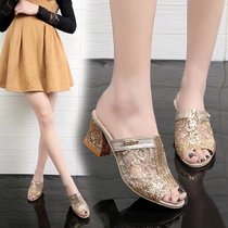 2021 spring and summer new high heel thick heel lace size womens shoes have been dragging Korean version of womens sandals
