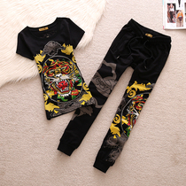 Tide Pint 2021 New Ladies Man Old Tiger Head Flash Drill Summer Clothing Short Sleeve T-shirt Casual Blouse Trousers Two Suits