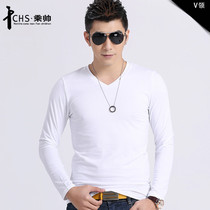 Spring and autumn mens long-sleeved T-shirt mens cotton bottoming shirt Korean slim V-neck T-shirt white T-shirt mens trend