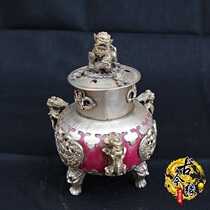 New antique old antique antique white copper silver-plated three-legged incense burner Buddhist incense burner three-legged lion