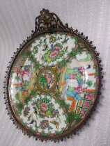 French back-back Qing Dynasty painted large porcelain disc bronze gilded decoration
