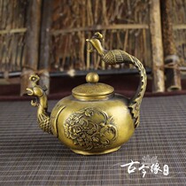 New dragon and phoenix pot retro old pure copper pot to attract wealth ornaments teapot pot Qianlong annual Phoenix peony pot