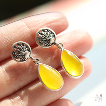 South South sterling silver jewelry Thailand Chiang Mai handmade Thai silver yellow chalcedony womens earrings Phoenix Peony