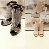 Korea handmade custom luxurious rivets light lavish side empty fish mouth sexy waterproof table and ankle high heel shoes