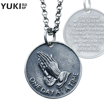 YUKI prayer hand 925 silver pendant round silver necklace tide men and women personality retro hip hop sweater long necklace