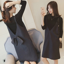 Pregnant women autumn suit fashion model 2021 new long belt skirt bow pregnant women dress two-piece