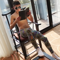 Mens cotton sexy low-rise leggings autumn pants lining pants fashion print U convex skinny warm pants single piece