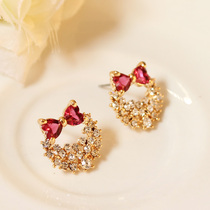 Korean fashion temperament earrings for girls hypoallergenic rose red bow zircon rhinestone earrings without holes ear clip earrings