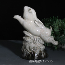 Jingdezhen rabbit Sculpture Auspicious Rabbit rabbit presents Zodiac Rabbit Gift Gift Green Flowers Rabbit