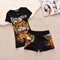 New summer trend in Europe and America New short sleeves T-shirt shorts 100 lap inlaid drilling old tiger head pattern printed casual pants