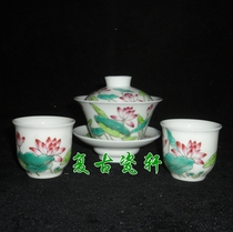 Jingdezhen Cultural Revolution Factory goods Porcelain Powder Color Hand-painted Lotus Lotus Pond Clear Wind Three Heads Bowl Tea Cup Tea Cup Lid Bowl