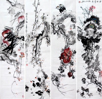 Celebrity Real Handwriting Painting Country Painting Hand-painted Boutique Water Ink Flowers Bird Painting with Flowers Birds Four Screens Painted Hearts Unframed