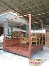 YL025 old elm wooden rack bed idyllic wedding bed full solid wood four-column bed carved step double bed 1 5 1 8 meters