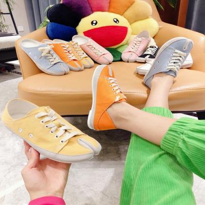 Female shoes Pig Hooves single 2 shoes Sub netting Single shoes Flat bottom Shoe casual square head canvas wearing Candy Color Cloth Shoes Red Women Flat