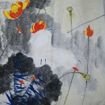 Pure Hand Painted four-ruler Dou Fang Writing of the State Painter Lotus Flowers and Bird Paintbook Dining Room Restaurant Decoration Hung Painting Calligraphy 35