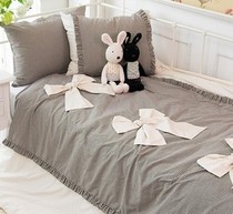 Korea imported coffee plaid sweet ruffle bow Princess cotton four-piece bedding set