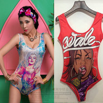 Sexy Europe and the United States new one-piece vest DJ female singer ds performance clothing digital printing swimsuit suspender jazz dance